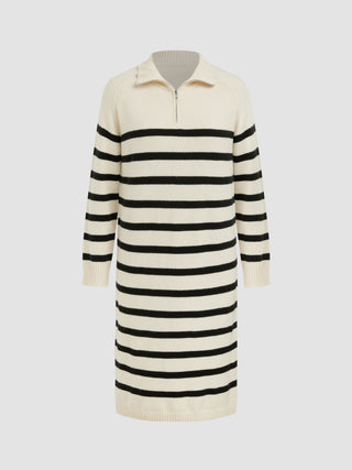 Collar Stripe Zipper Knitted Maxi Dress