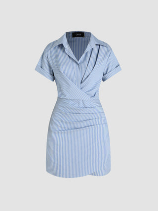 Collar Striped Ruched Shirt Mini Dress