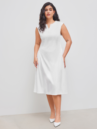 Collarless Solid Pleated Pocket Maxi Dress Curve & Plus