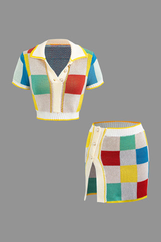 Color Block Knit Top and Split Mini Skirt Set (M / MULTICOLOR)