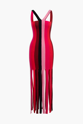 Colorblock Fringe Hem Sleeveless Knit Dress (L / RED)