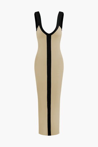 Colorblock V-neck Knit Split Maxi Dress (M / TAN)