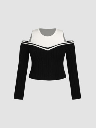 Contrast Binding Cut Out Knitted Long Sleeve Crop Top Curve & Plus