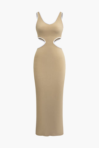 Contrast Binding V-neck Cut Out Sleeveless Knit Midi Dress (L / TAN)