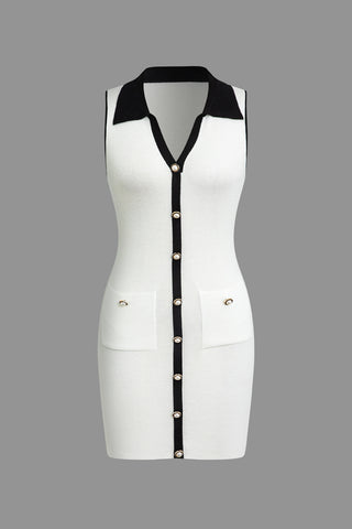 Contrast Button Up Collared Sleeveless Knit Mini Dress (M / WHITE)