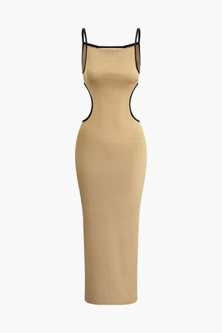 Contrast Cut Out Backless Slip Maxi Dress (XS / TAN)