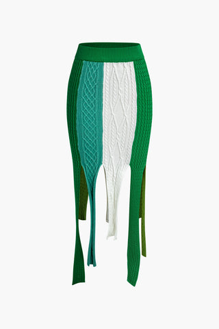 Contrast Fringe Hem Knit Midi Skirt (S / MULTICOLOR)