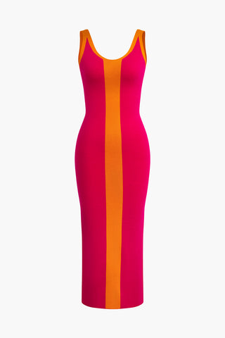 Contrast Knitted Slit Midi Dress (L / Contrast Color)