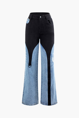 Contrast Panel Straight Leg Jeans (L / BLUE)