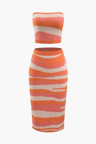 Contrast Stripe Knit Tube Top And Midi Skirt Set (S / MULTICOLOR)