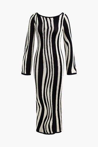 Contrast Stripe Round Neck Knit Maxi Dress (L / BLACK)