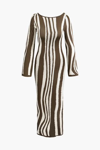 Contrast Stripe Round Neck Knit Maxi Dress (XS / COFFEE)