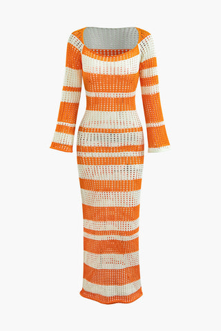 Contrast Stripe Square Neck Open Knit Maxi Dress (L / ORANGE)