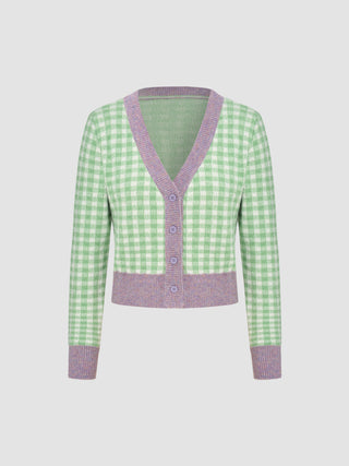 Contrast Trim Gingham Knit Cardigan