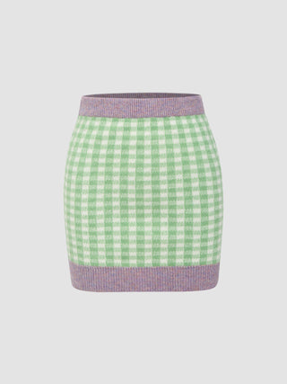 Contrast Trim Gingham Knit Mini Skirt