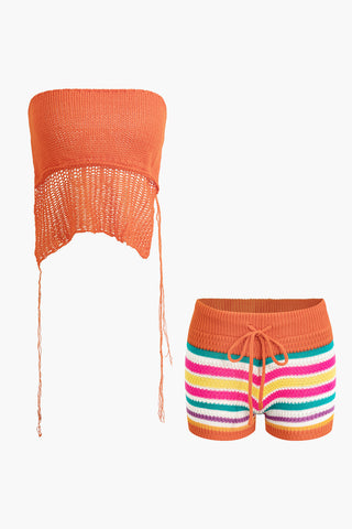 Coral Crochet Crop Top and Rainbow Stripe Shorts Set (XL / TANGERINE)