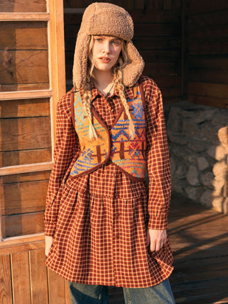 Corduroy Collar Check Tiered Shirt Midi Dress