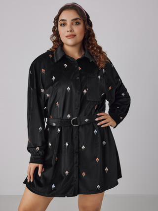 Corduroy Floral Embroidery Belted Mini Shirt Dress Curve & Plus