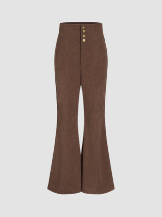 Corduroy High Waist Button Flared Trousers