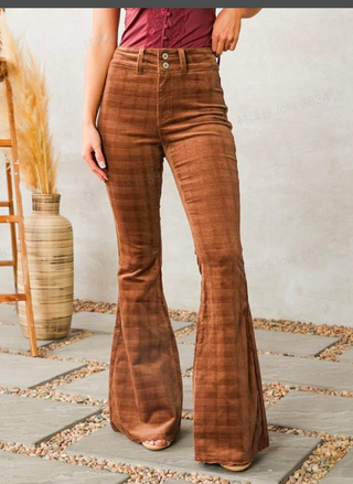 Corduroy Mid Waist Check Flared Trousers