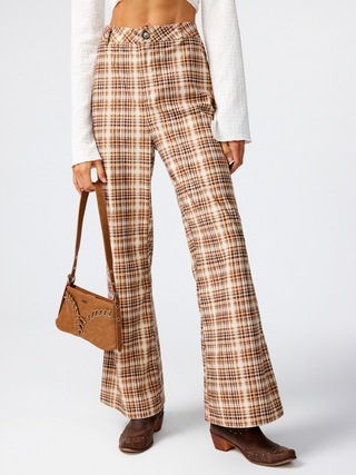 Corduroy Mid Waist Check Flared Trousers