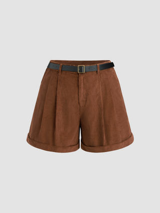 Corduroy Mid Waist Pleated Shorts With Belt Curve & Plus (2XL / Brown)