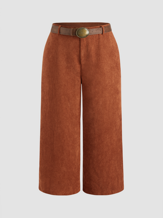 Corduroy Mid Waist Pocket Straight Leg Trousers With Belt Curve & Plus