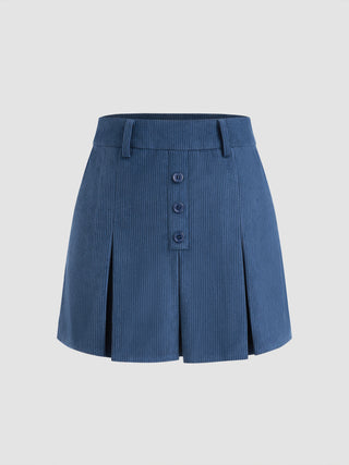 Corduroy Mid Waist Solid Pleated Split Mini Skirt