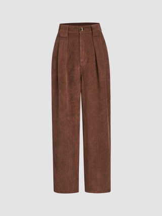 Corduroy Middle Waist Solid Pleated Straight Leg Trousers