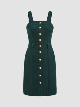 Corduroy Square Neck Button Midi Dress