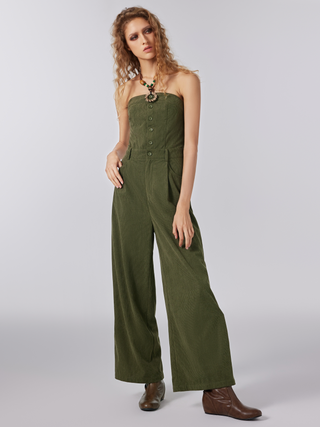 Corduroy Strapless Solid Pocket Tube Jumpsuit (L / Olive Green)