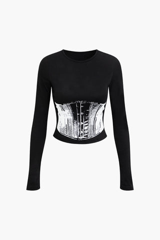 Corset Print Round Neck Long Sleeve Top (S / BLACK)