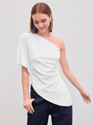 Cotton-blend Asymmetrical Neck Solid Middle Sleeve Top