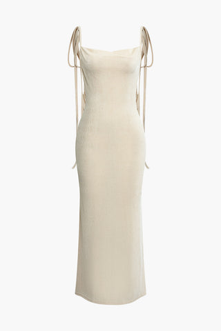 Cowl Neck Backless Tie Maxi Dress (XL / BEIGE)