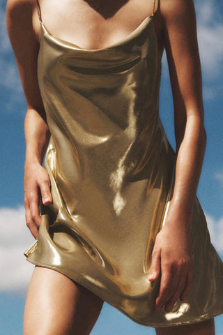 Cowl Neck Metallic Slip Mini Dress (M / GOLD)