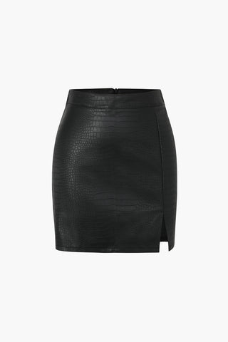 Croc-effect Leather Slit Mini Skirt (M / BLACK)