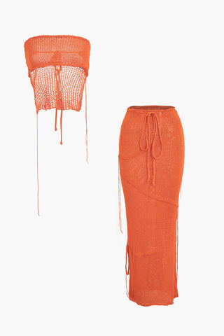 Crochet Backless Tube Top And Split Skirt Set (S / ORANGE)