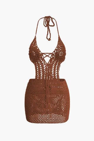 Crochet Halter Backless Mini Dress (S / BROWN)