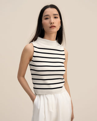 Cropped Spun Silk Strip Sweater (White With Black Stripes / L)