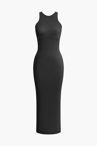 Cross Backless Slit Midi Dress (L / BLACK)