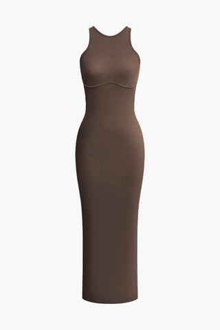 Cross Backless Slit Midi Dress (L / COFFEE)