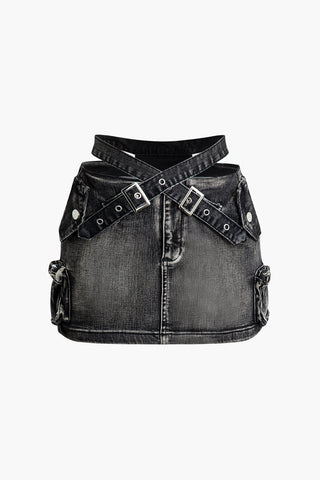 Cross Buckle Belt Denim Mini Skirt (M / BLACK)