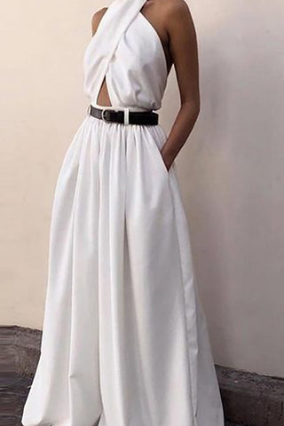 Cross Cut Out Backless Pleated Wide Leg Jumpsuit (S / WHITE)