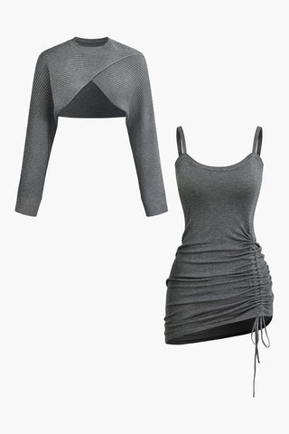 Cross Cut Out Crop Top And Asymmetrical Drawstring Mini Dress Set (M / GRAY)