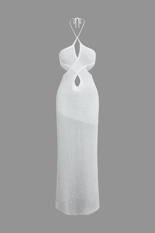 Cross Cut Out Tie Halter Open Knit Maxi Dress (S / WHITE)