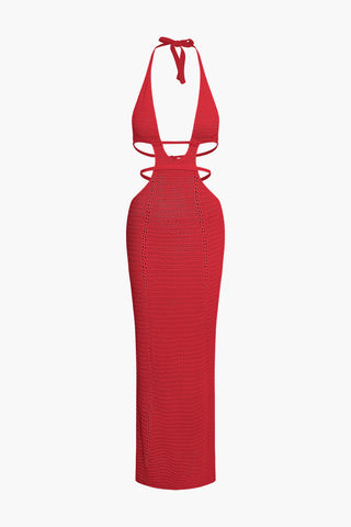 Cut Out Halter Backless Knit Maxi Dress (M / RED)