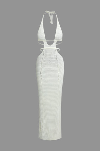 Cut Out Halter Backless Knit Maxi Dress (S / WHITE)