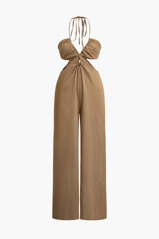 Cut Out Halter Neck Jumpsuit (L / TAN)