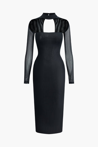 Cut Out Mesh Mock Neck Zipper Midi Dress (L / BLACK)