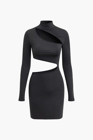 Cut Out Mock Neck Mini Dress (M / BLACK)